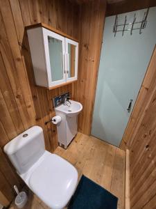 a bathroom with a white toilet and a sink at Portlea Cabin in Oban +14 photos