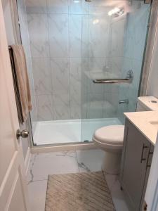 a bathroom with a shower with a toilet and a sink at The Basement apartment in Milton +22 photos