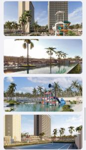three pictures of a resort with a playground and palm trees at Apartamento no Beach Resort Salinas in Ilha de Atalaia