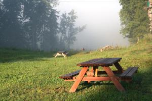 a picnic table in a field with fog in the background at Kempings Ozolkalns in Cēsis