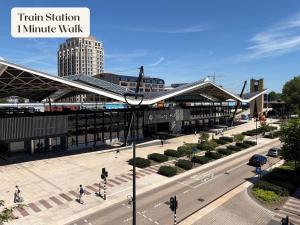 an overhead view of a train station in a city at Cozy Room w Shared Kitchen, Fast WiFi Near Station in Tilburg
