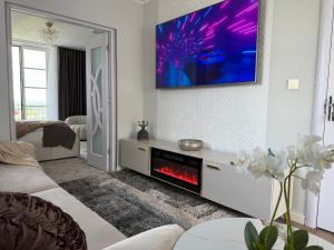 a living room with a fireplace and a tv at Gyémánt Vendégház in Doba