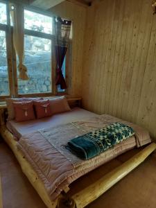 a bed in a wooden room with a window at Aama Homestay in Tabo