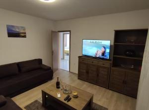 a living room with a couch and a flat screen tv at Apartment Serenity in Rogotin