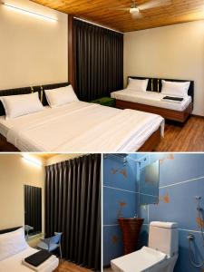 two pictures of a hotel room with two beds at Fargade Elite Club in Sangamner