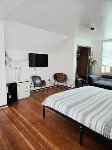 a bedroom with a bed and a flat screen tv at Ana Maria del Azul in Minneapolis