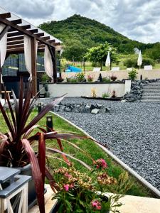 a garden with rocks and plants in front of a house at Gyémánt Vendégház in Doba