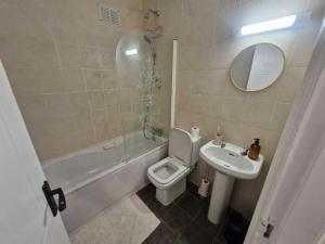a bathroom with a sink and a toilet and a bath tub at Spacious Bright Modern Apt With Garden in Dublin