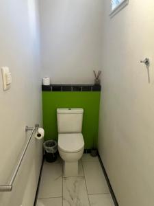 a bathroom with a toilet with a green wall at Inner City Oasis in Invercargill