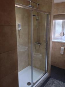 a shower with a glass door in a bathroom at Airport Tavern Accommodation in Felton