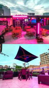 two pictures of a restaurant with tables and an umbrella at Hotel Lleras # 1 in Medellín +13 photos