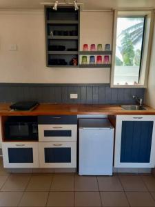 a kitchen with a counter with a sink and a dishwasher at Kuki Beach Bach in Rarotonga