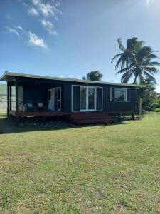 a tiny house with a palm tree in a field at Kuki Beach Bach in Rarotonga