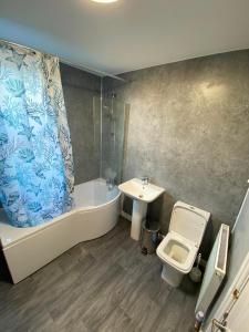 a bathroom with a toilet and a tub and a sink at Haven House in Hull