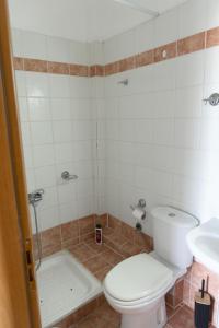 a bathroom with a toilet and a sink and a shower at Elia mini suite 2 in Larisa +3 photos