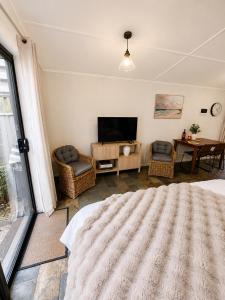 a living room with a bed and a television at Coastal Studio in Seacliff
