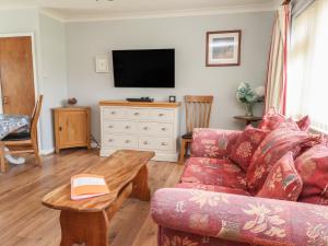 a living room with a couch and a tv at Bro Mebyd in Criccieth