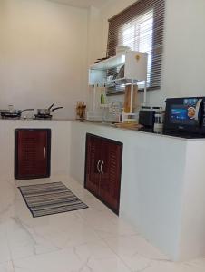 a kitchen with a counter with two doors in it at Stylish 1BR Retreat with Workspace & Hammock in Hinkong +10 photos