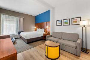 a hotel room with a bed and a couch at Comfort Suites Bethlehem Near Lehigh University and LVI Airport in Bethlehem +34 photos