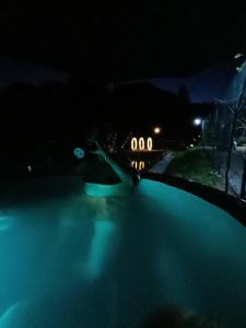 a person in a swimming pool at night at PAMJA Guest House in Bărăşti