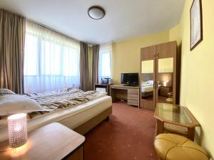 a hotel room with a bed and a television at Vila Predeal Holidays in Predeal +179 photos