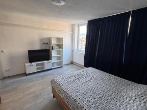 a bedroom with a bed and a flat screen tv at Apartman Tuzla in Tuzla
