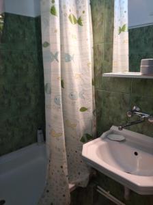 a bathroom with a sink and a shower curtain at Casa Petre in Eforie Nord +22 photos