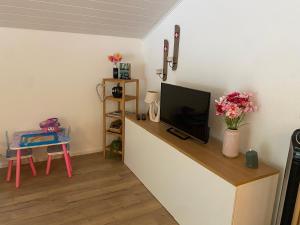 a living room with a tv on a counter with flowers at Ferienwohnung in Mörel in Mörel