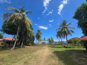 a dirt road in front of some palm trees at Hotel Puma Bungalow in Huu