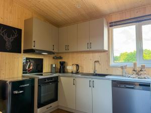a kitchen with white cabinets and a black refrigerator at FewoCrew Devils Cabin Premium Tiny House nahe Teufelsmauer in Wienrode