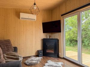 a living room with a fireplace and a tv at FewoCrew Devils Cabin Premium Tiny House nahe Teufelsmauer in Wienrode
