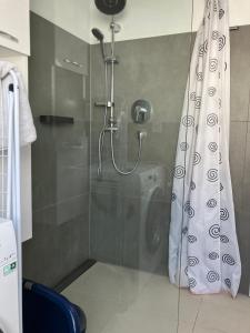 a shower with a shower curtain in a bathroom at Ferienwohnung Jeannette in Balingen +22 photos