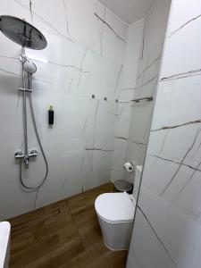 a white bathroom with a toilet and a shower at ThasosGoldenStay in Skala Potamias