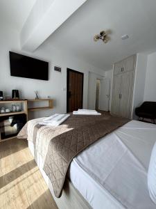 a bedroom with a bed and a flat screen tv at ThasosGoldenStay in Skala Potamias