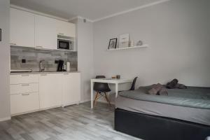 a bedroom with a bed and a desk and a kitchen at Apartment Nr 06 in Bremerhaven