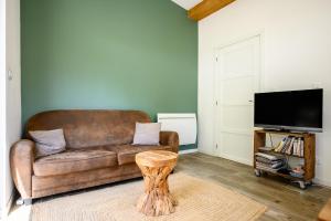 a living room with a brown couch and a tv at Flora Gîte in Kaysersberg
