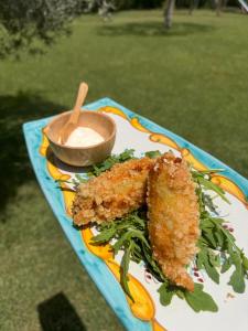 a plate of food with fried food and a bowl of dip at Agriturismo le tre stelle in Paestum