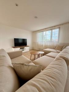 a living room with three couches and a television at Het Schuttershof in Hoogstraten