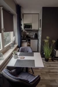 a living room with a table and a kitchen at Apartment Nr 11 in Bremerhaven