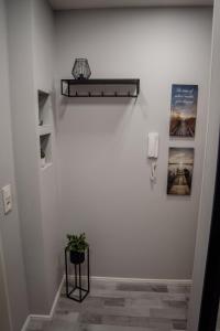 a hallway with a shelf and a plant on a wall at Apartment Nr 11 in Bremerhaven