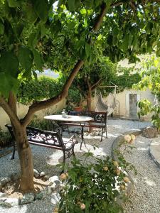 Ein Tisch und Bänke stehen unter einem Baum in der Unterkunft Lemon Suites in Mytilini