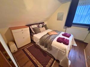 a small bedroom with a bed and a window at EifelRuhe 2 - Komfortable Ferienunterkunft für bis zu 10 Gäste mit 4 Schlafzimmern, großer Küche und genug Parkplätzen - ideal für Gruppen und Familien, Hunde zulässig in Losheim
