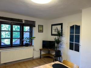 a living room with a table and a window at Apartmán Železná panna in České Budějovice
