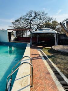 ein Schwimmbecken mit einem Sonnensegel neben dem Wasser in der Unterkunft Cabañas Tlacult Gatü in Tepoztlán