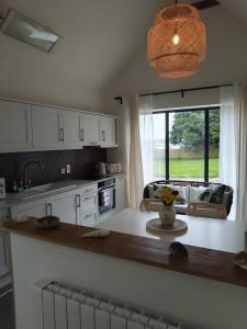 a kitchen with a counter top and a living room at Woodville Apartment in Rathmullan
