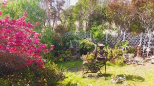a woman sitting in a chair in a garden with flowers at Cabañas La Campiña Algarrobo in Algarrobo