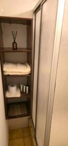 a walk in closet with some towels on a shelf at Cabañas La Campiña Algarrobo in Algarrobo +42 photos