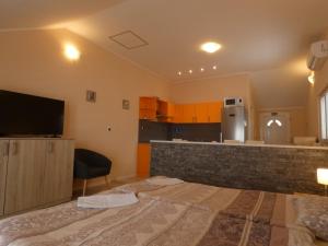 a living room with a television and a kitchen at Nature sunset apartment in Ubli