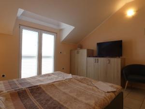 a bedroom with a bed and a tv and a window at Nature sunset apartment in Ubli
