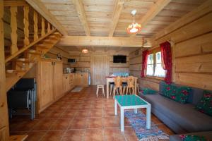 a kitchen and living room of a log cabin at Domek na Górkach in Krościenko